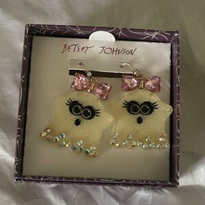 Betsey Johnson Sparkly Ghost Earrings - Pink and Gold